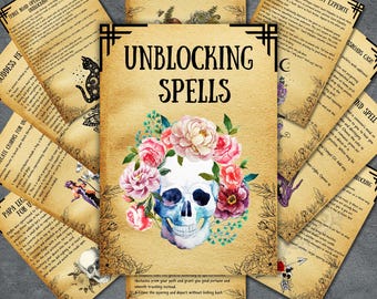 May include: A set of printable spell cards with a skull and floral design. The cards feature titles like "Unblocking Spells", "Road Opener Saint Expedite", "Goddess He", "Three Board Openers Super Strength", "Delicate Charms for Un", "Papa Leg for U", and "Crossroads Case".