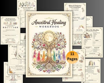 Puede incluir: Un libro de ejercicios Ancestral Healing de 11 páginas, con una ilustración central en la portada de un árbol con figuras, luna y cristales. Las páginas contienen texto, listas de verificación y guías de rituales con bordes decorativos.