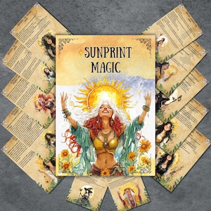 Pode incluir: Um conjunto de cartões imprimíveis com ilustrações de mulheres e texto sobre magia de impressão solar. Os cartões têm um fundo castanho com uma estética vintage. O texto nos cartões inclui "Sunprint Magic" e "Materials for Sunprint Magic".