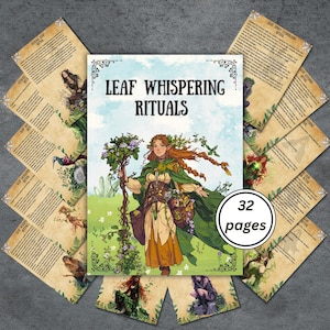 May include: A 32-page booklet titled Leaf Whispering Rituals featuring an illustration of a person with pointed ears wearing a green cloak and holding a staff adorned with flowers. The booklet is surrounded by multiple pages of text with illustrations.