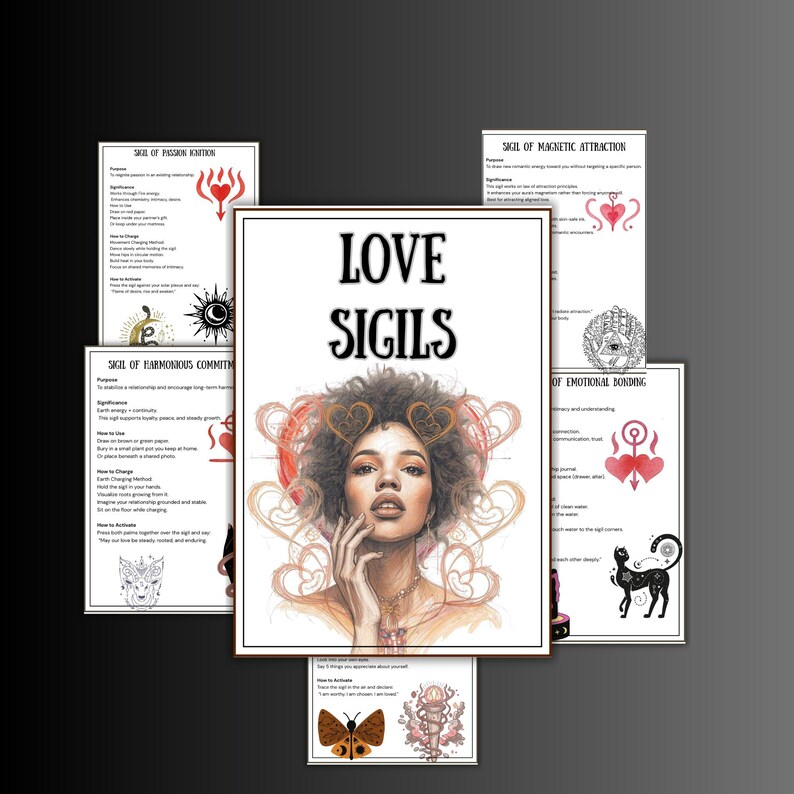 May include: A collection of spiritual art prints featuring the text "LOVE SIGILS" above a portrait of a woman with heart-shaped accents. Surrounding the central image are smaller prints with text and illustrations related to passion, commitment, and attraction.