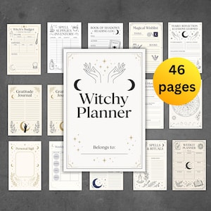 May include: A beige Witchy Planner with 46 pages, featuring a cover with hands, crescent moons, and stars. Includes pages for a budget, spell inventory, reading log, and weekly planner. The planner is designed with a celestial theme.