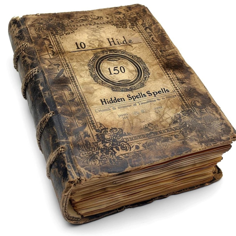 Puede incluir: Un libro antiguo encuadernado en cuero con un aspecto desgastado y envejecido. La portada presenta dise&ntilde;os intrincados y el t&iacute;tulo "10 Hide 150 Hidden Spells Spells" en una fuente oscura.