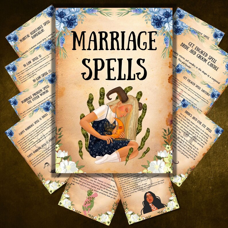 May include: A vintage-style illustration of a woman with horns holding a crescent moon. The image is surrounded by floral borders and text that reads "Marriage Spells". The text is broken into smaller cards with titles like "Marital Assistance Spell", "In-Law Spell", "Marriage Problem Spell", "Happy Marriage Spell", and "Bride and Groom Candle".