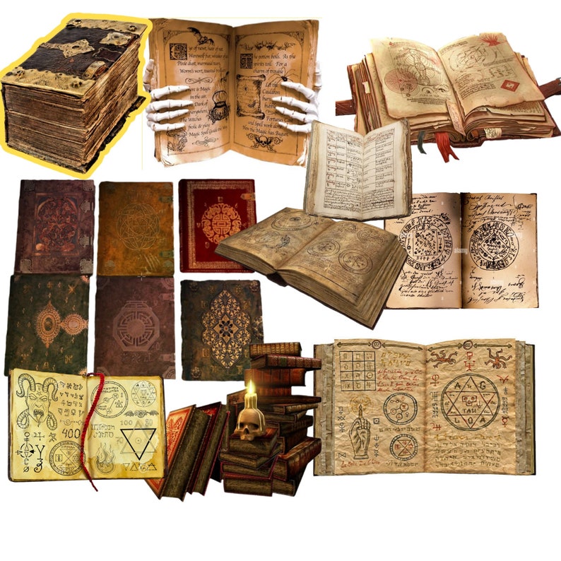 May include: A selection of antique books with aged, textured covers. Some are open, displaying handwritten text and illustrations. The books vary in size and colour, with details like clasps and decorative elements.