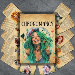 May include: A set of 12 cards with a whimsical illustration of a woman with green hair and a clock face. The cards are titled "Chronomancy" and feature a variety of illustrations of women with different hairstyles and clothing.