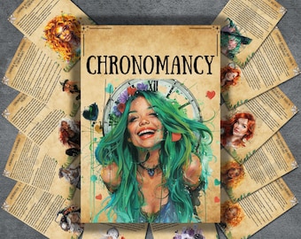May include: A set of 12 cards with a whimsical illustration of a woman with green hair and a clock face. The cards are titled "Chronomancy" and feature a variety of illustrations of women with different hairstyles and clothing.