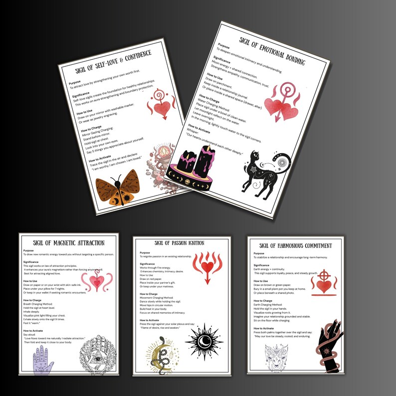 May include: A collection of six white cards with black text and illustrations. The cards are titled with phrases like "Sigil of Self-Love & Confidence" and "Sigil of Emotional Bonding." Each card features a unique design, including hearts, butterflies, and celestial symbols.