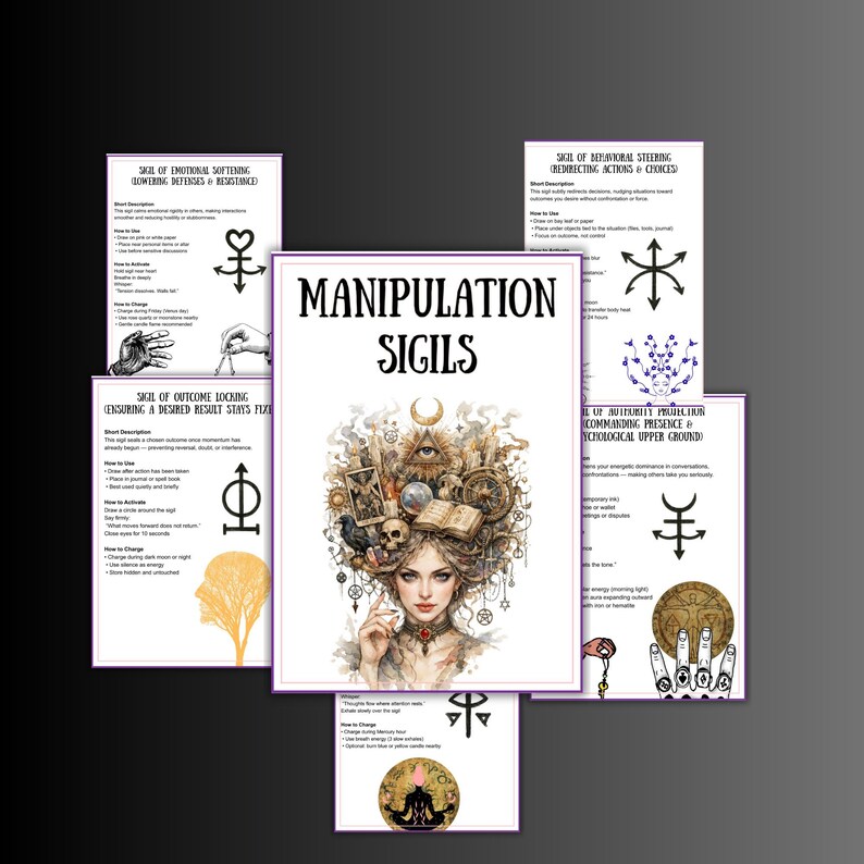 May include: A collection of art prints featuring the title "MANIPULATION SIGILS" in a gothic font. The central image is a portrait of a woman with ornate headwear. Surrounding the central image are smaller prints with sigils and text.
