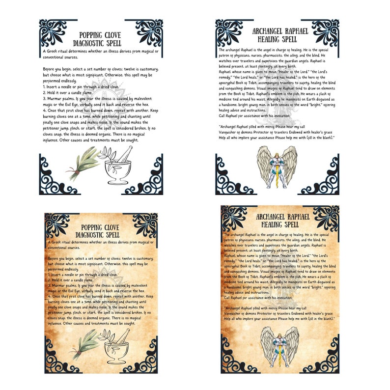May include: Two vintage-style cards with black borders and ornate designs. The first card features a clove and mortar and pestle, with the text "Popping Clove Diagnostic Spell". The second card features an angel with a sword and the text "Archangel Raphael Healing Spell".