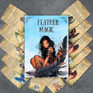 Puede incluir: Una ilustración digital de una mujer con cabello negro largo sentada sobre una gran pluma negra. El fondo es una acuarela azul con el texto "FEATHER MAGIC" en blanco.