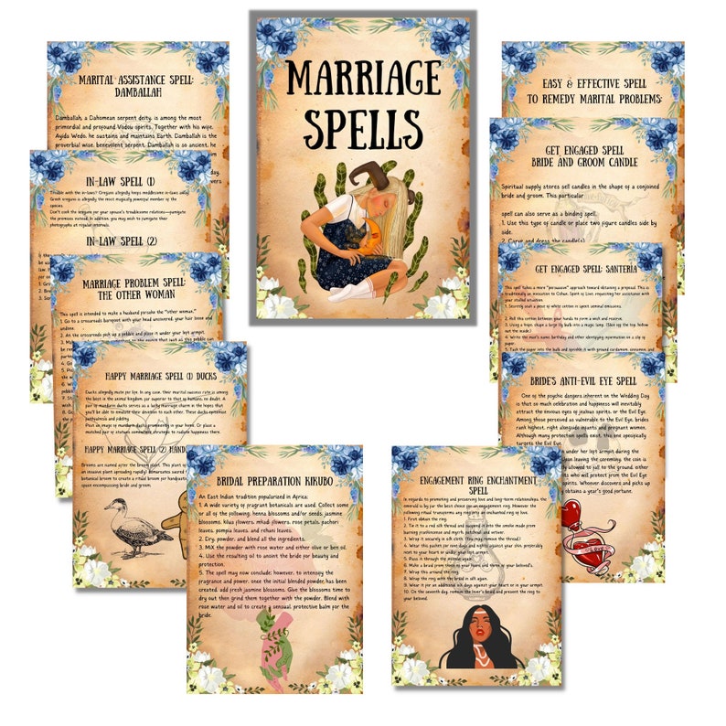 May include: A collection of printable cards with instructions for marriage spells. The cards feature illustrations of a woman with horns, a duck, a heart, and a ring. The text on the cards includes titles such as "Marriage Spells", "Get Engaged Spell", "Happy Marriage Spell", and "Bridal Preparation Kikubo".
