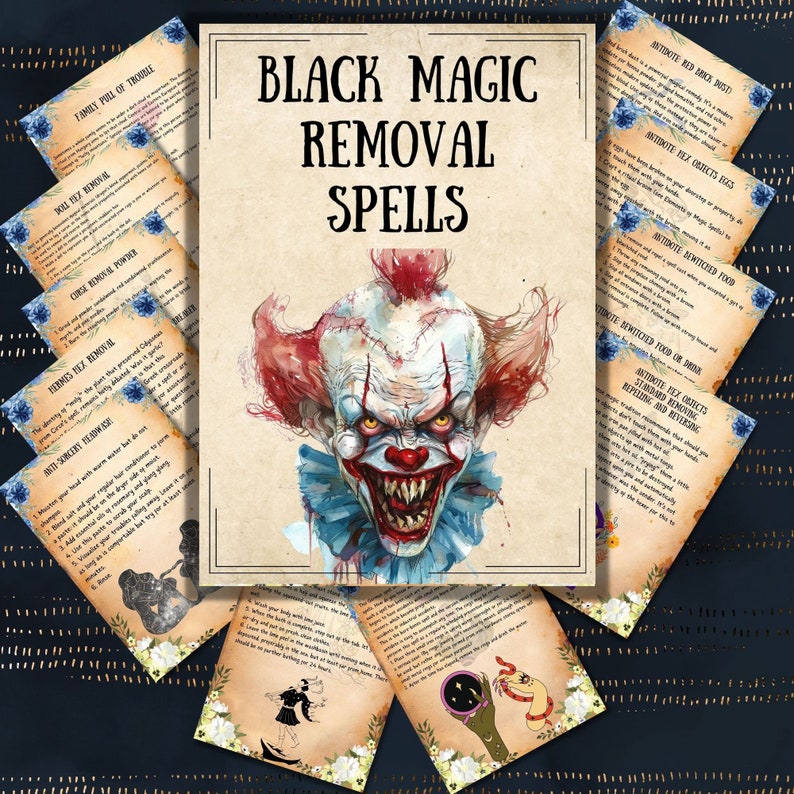 May include: A vintage-style illustration of a clown with a menacing grin, surrounded by pages of text with instructions for black magic removal spells. The text includes titles like "Anti-dote Bewitched Food" and "Family Pull of Trouble".