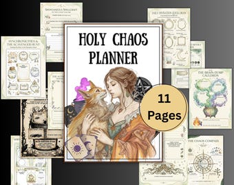 Puede incluir: Un "Holy Chaos Planner" con 11 páginas, con ilustraciones de una mujer con un zorro, símbolos místicos y varios gráficos. La portada del planificador tiene el título en letras negras en negrita. Las páginas circundantes incluyen gráficos y diagramas.
