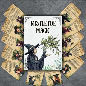 Könnte beinhalten: Ein druckbarer Kartensatz mit einer Hexe-Illustration und dem Text "Mistletoe Magic". Die Karten haben ein Vintage-Design mit einem Pergament-Hintergrund und Illustrationen von Mistelzweigen und Hexen.