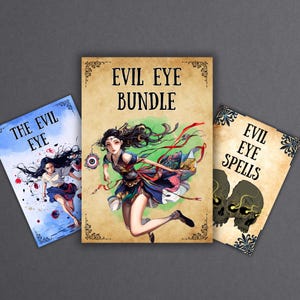 Puede incluir: Tres portadas de libros ilustradas. La portada central, titulada "Evil Eye Bundle", presenta a una mujer con un vestido fluido. Las otras portadas, tituladas "The Evil Eye" y "Evil Eye Spells", presentan ilustraciones similares y bordes decorativos.