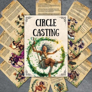 Op de afbeelding: Een verzameling fantasy-thema kaarten en een centraal boekje. De kaft van het boekje toont de woorden "CIRCLE CASTING" boven een illustratie van een vrouw in een groene krans. Omringende kaarten tonen illustraties en tekst over cirkelgieten.