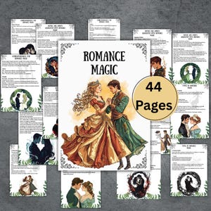 Può includere: Una raccolta di pagine stampate con il titolo "Romance Magic" e illustrazioni di coppie. L'immagine centrale presenta una coppia in abiti d'epoca. Il testo "44 Pagine" è visibile. Le pagine sono circondate da pagine più piccole con testo e illustrazioni.