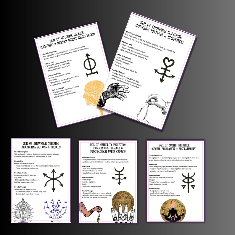 May include: A collection of six printed cards with sigils and text. The cards are white with black text and illustrations. The sigils are in black, and the illustrations include hands, a head, and other symbols. The cards are arranged on a dark gray background.