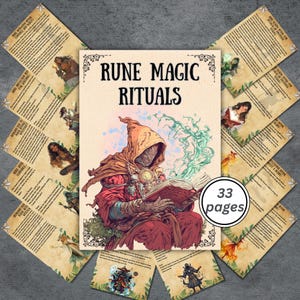 Puede incluir: Una colección digital de 33 páginas titulada Rune Magic Rituals. La portada muestra una figura encapuchada con túnica roja leyendo un libro con energía mágica verde girando encima. Varias páginas circundantes muestran texto e ilustraciones.