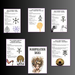 May include: A collection of six posters with sigils and text, including "Sigil of Behavioral Steering," "Sigil of Outcome Docking," and "Manipulation Sigils." The posters feature illustrations and symbols in black and white, with some accents in color.
