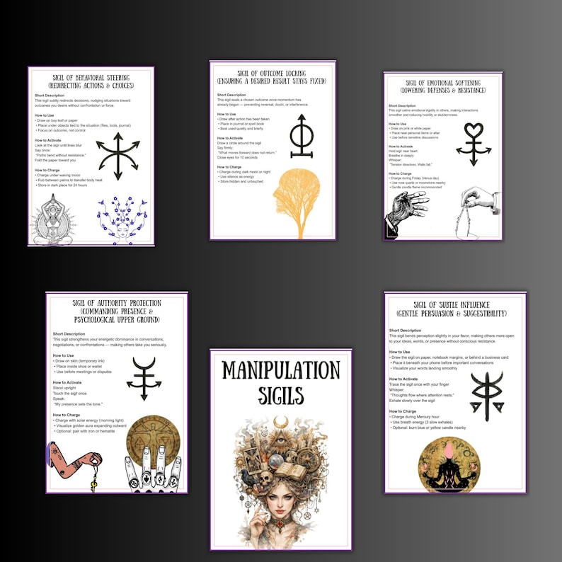 May include: A collection of six posters with sigils and text, including "Sigil of Behavioral Steering," "Sigil of Outcome Docking," and "Manipulation Sigils." The posters feature illustrations and symbols in black and white, with some accents in color.