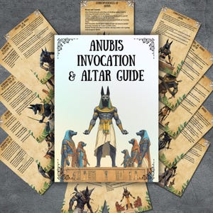 May include: Anubis, the Egyptian god of the dead, is depicted in a detailed illustration. He stands with a jackal head and wears a traditional Egyptian garment. The image is surrounded by text about Anubis and his correspondences. The text includes information about his role in the afterlife, his symbolism, and how to invoke him.