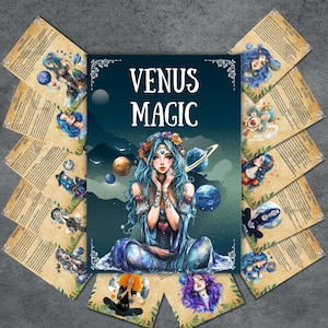 May include: A set of 12 cards with a celestial theme featuring a woman with blue hair and a crown of flowers. The cards have a vintage aesthetic and feature text about Venus Magic.