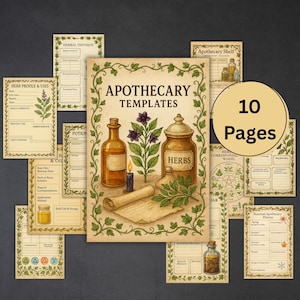 Op de afbeelding: Apotheek sjablonen met 10 pagina's. De centrale afbeelding toont een rol, een kaars en flessen. De tekst bevat "Apothecary Templates" en "Herbs". Andere pagina's zijn "Herb Profile & Uses" en "Herbal Infusion".