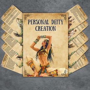 May include: A rectangular document titled Personal Deity Creation featuring a central illustration of a figure in a seated pose with arms raised, wearing gold and blue jewelry and clothing, surrounded by multiple layered pages of printed text.