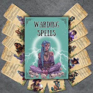 May include: A set of printable cards featuring a blue-skinned elf woman with blue hair and a purple outfit, surrounded by skulls. The cards are titled "Warding Spells".