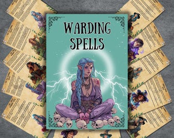 Può includere: Un set di carte stampabili con una donna elfo dalla pelle blu, capelli blu e un vestito viola, circondata da teschi. Le carte sono intitolate "Warding Spells".