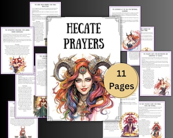 May include: An 11-page collection of Hecate Prayers. The central image is a colourful illustration of a woman with horns and vibrant hair. The surrounding pages contain text and illustrations, all set against a dark background.