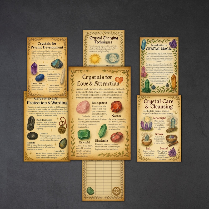 May include: A collection of vintage-style posters with information about crystals. The posters cover topics like psychic development, crystal charging, crystal magic, love and attraction, protection, and crystal care. Each poster features illustrations of various crystals.