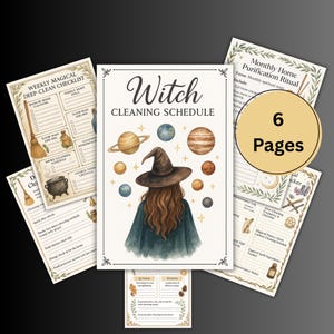 Może przedstawiać: Zestaw sześciu drukowanych stron o tematyce wiedźmy. Centralna strona to "Witch Cleaning Schedule" z akwarelową ilustracją wiedźmy i planet. Inne strony zawierają listy kontrolne i przewodniki rytualne.
