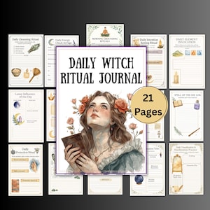 Op de afbeelding: Een dagelijks heksenritueeljournaal met 21 pagina's, met een aquarelillustratie van een vrouw met bloemen in haar haar. Het journaal bevat pagina's voor dagelijkse rituelen, intenties en spreukenlogs.