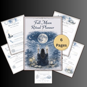 May include: A Full Moon Ritual Planner with six pages, featuring a celestial illustration of a person meditating under a full moon. The planner includes sections for ritual reflection and releasing, with a mystical theme.