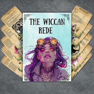 May include: A stack of printed cards with the title "The Wiccan Rede" on the front. The central card features a woman with purple hair and steampunk goggles. Additional cards with text and illustrations are visible.