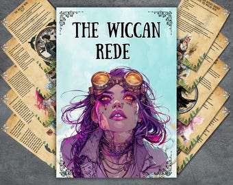 May include: A stack of printed cards with the title "The Wiccan Rede" on the front. The central card features a woman with purple hair and steampunk goggles. Additional cards with text and illustrations are visible.