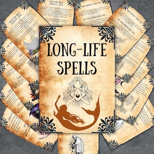 Long life spells bundle, witchcraft spells book, wicca magic pages, printable witches spells, occult, pagan witch kit, rituals grimoire