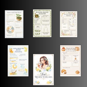 May include: Six watercolour tea review templates, including sections for leaf origin, healing blend analysis, bloom profile, iced tea review, and dessert tea notes. Each template features floral and botanical illustrations.