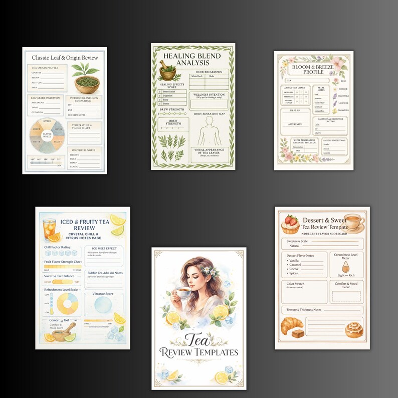 May include: Six watercolour tea review templates, including sections for leaf origin, healing blend analysis, bloom profile, iced tea review, and dessert tea notes. Each template features floral and botanical illustrations.