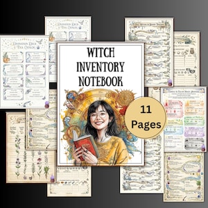 May include: A "Witch Inventory Notebook" with 11 pages, featuring a smiling woman holding a book. The cover has the title in bold black letters. Surrounding the notebook are various pages with text and illustrations, including "Divination Deck & Tool Catalog."