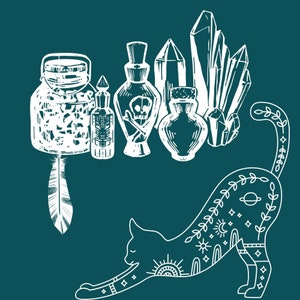 May include: A white line drawing of a cat with a celestial design on its body, stretching out its front paws. Above the cat are several jars and bottles, including one with a skull and crossbones, and several crystals.