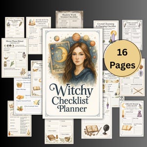 K&ouml;nnte beinhalten: Ein "Witchy Checklist Planner" mit 16 Seiten, der eine Aquarellillustration einer Frau und himmlischer Elemente zeigt. Der Planer enth&auml;lt Checklisten f&uuml;r verschiedene Hexenpraktiken, wie z. B. Altaraufbau und Mondphasenrituale.