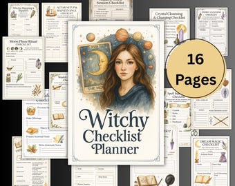 May include: A "Witchy Checklist Planner" with 16 pages, featuring a watercolor illustration of a woman and celestial elements. The planner includes checklists for various witchy practices, such as altar setup, moon phase rituals, and spell ingredients.