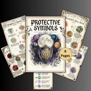 May include: A collection of six pages featuring illustrations of protective symbols. The central page displays the title "Protective Symbols" with a shield, planets, and a moon. Other pages showcase various symbols and text, with a watercolor style.