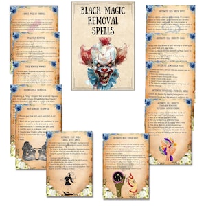 May include: A set of printable cards with instructions for black magic removal spells. The cards feature a creepy clown illustration and text in a vintage style font. The cards include titles such as "Doll Hex Removal", "Curse Remorse Powder", "Bermes Hex Removal", "Anti-Sorcery Headwash", "Anti-dote Wax Image Spell Seven Times", "Anti-dote Red Brick Dust", "Anti-dote Hex Objects Eggs", "Anti-dote Bewitched Food or Drink", "Anti-dote Hex Objects Standard Removing, Repelling and Reversing", and "Anti-dote Iron Curse Basic".