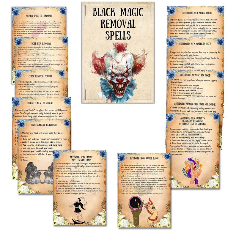 May include: A set of printable cards with instructions for black magic removal spells. The cards feature a creepy clown illustration and text in a vintage style font. The cards include titles such as "Doll Hex Removal", "Curse Remorse Powder", "Bermes Hex Removal", "Anti-Sorcery Headwash", "Anti-dote Wax Image Spell Seven Times", "Anti-dote Red Brick Dust", "Anti-dote Hex Objects Eggs", "Anti-dote Bewitched Food or Drink", "Anti-dote Hex Objects Standard Removing, Repelling and Reversing", and "Anti-dote Iron Curse Basic".