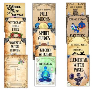 Pu&ograve; includere: Un set di pagine di stregoneria stampabili per un libro delle ombre. Le pagine includono titoli come "Ruota dell'Anno", "Lune Piene", "Guide Spirituali", "Stregoneria da Cucina", "Rituali", "Divinit&agrave;", "Le Rune Vichinghe e i loro Significati", "Pagine di Strega Elementali", "Pagine di Strumenti di Stregoneria" e "Potenti Rituali di Stregoneria".